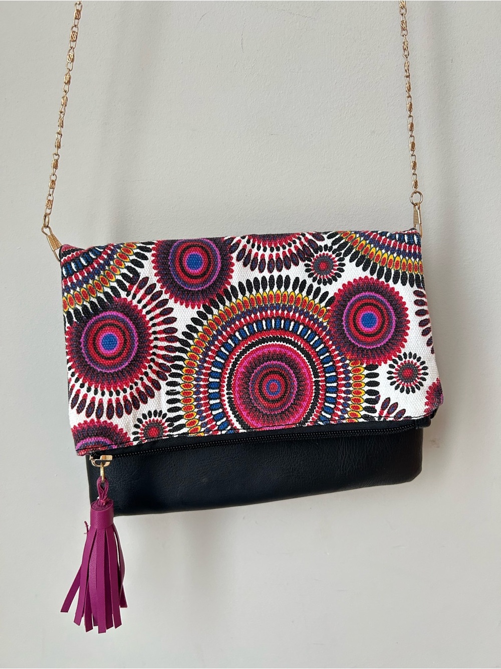 Boho Mandala Crossbody Bag Black Pink Tassel Y2K Festival